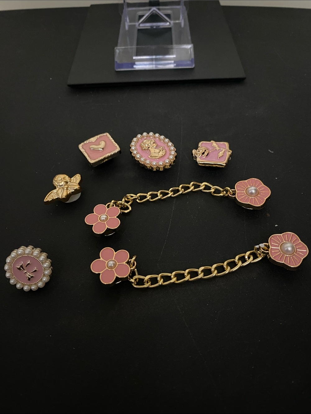 Gold-Tone Pink Floral Shoe/Bag Charms